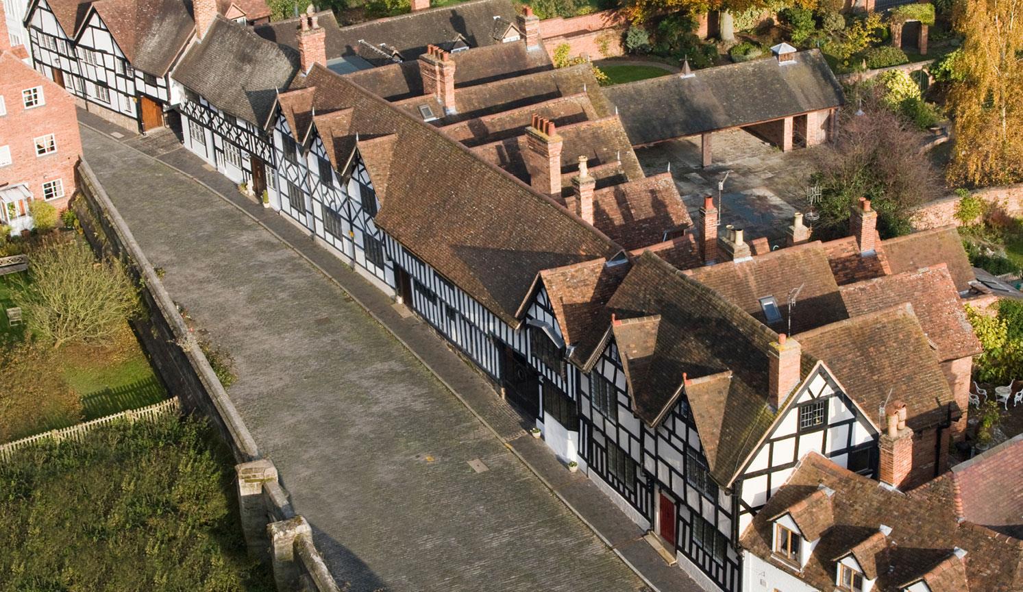 overhead view of Tudor houses and a road